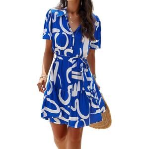 BROVAVE Women Casual Shirt Dress Short Sleeve V Neck Tie Waist Button Down Large